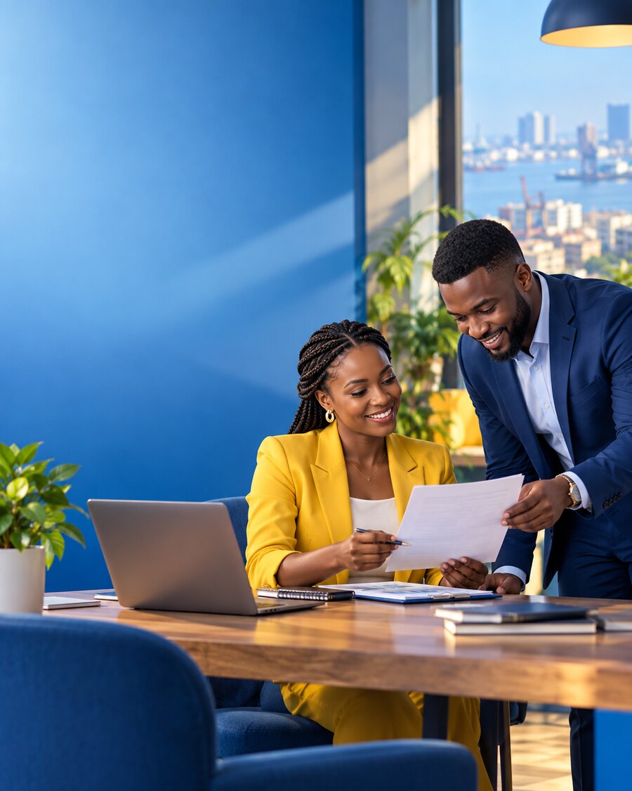 Entrepreneurs africains échangeant autour d’un document