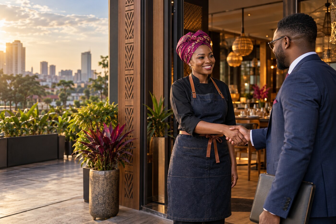 Partenaires échangeant dans un restaurant africain moderne