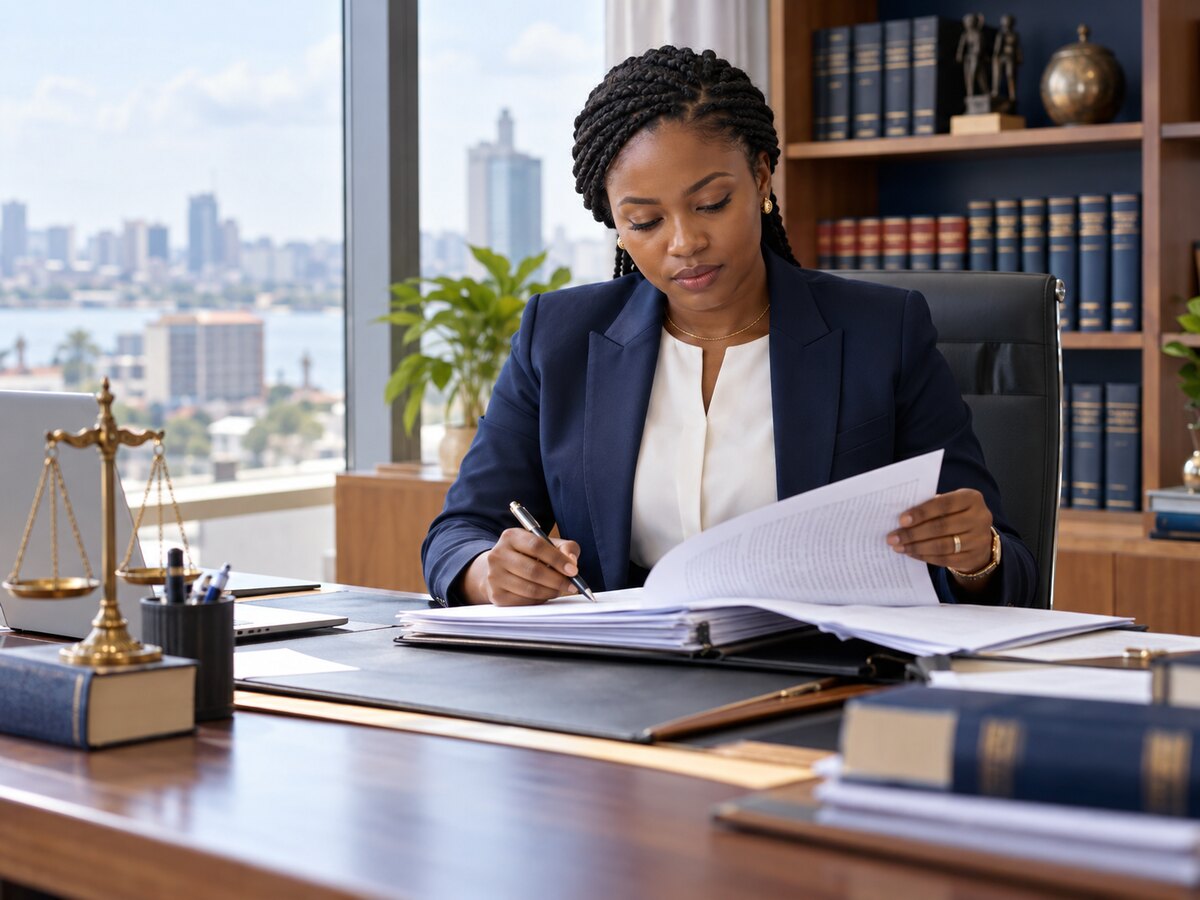 Avocate consultant des dossiers dans son bureau
