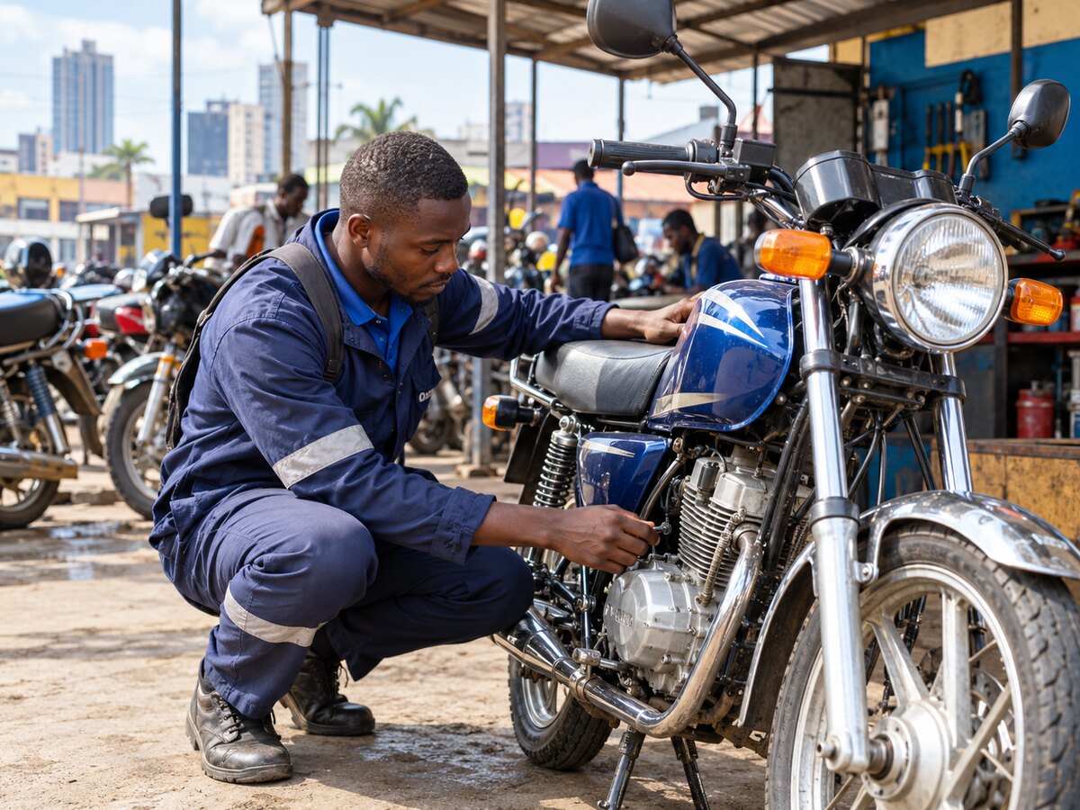 Propriétaire vérifiant sa moto dans un atelier